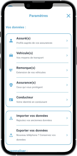 L’écran des paramètres de ZenConstat, avec assurés, véhicules, remorques, contrats et conducteurs enregistrés, prêts à être réutilisés.
