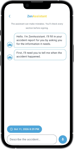 La conversation ZenAssistant : l'assistant accueille le conducteur et lui demande quand l'accident a eu lieu, avec la date et l'heure prêtes à insérer.