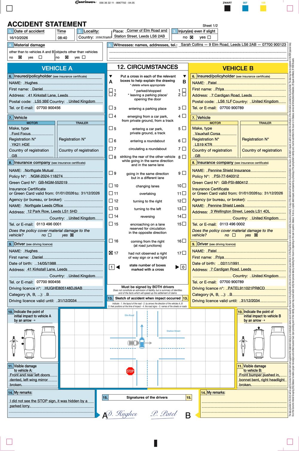 Accident statement filled in by ZenConstat for an accident between two drivers at a crossroads with a STOP sign