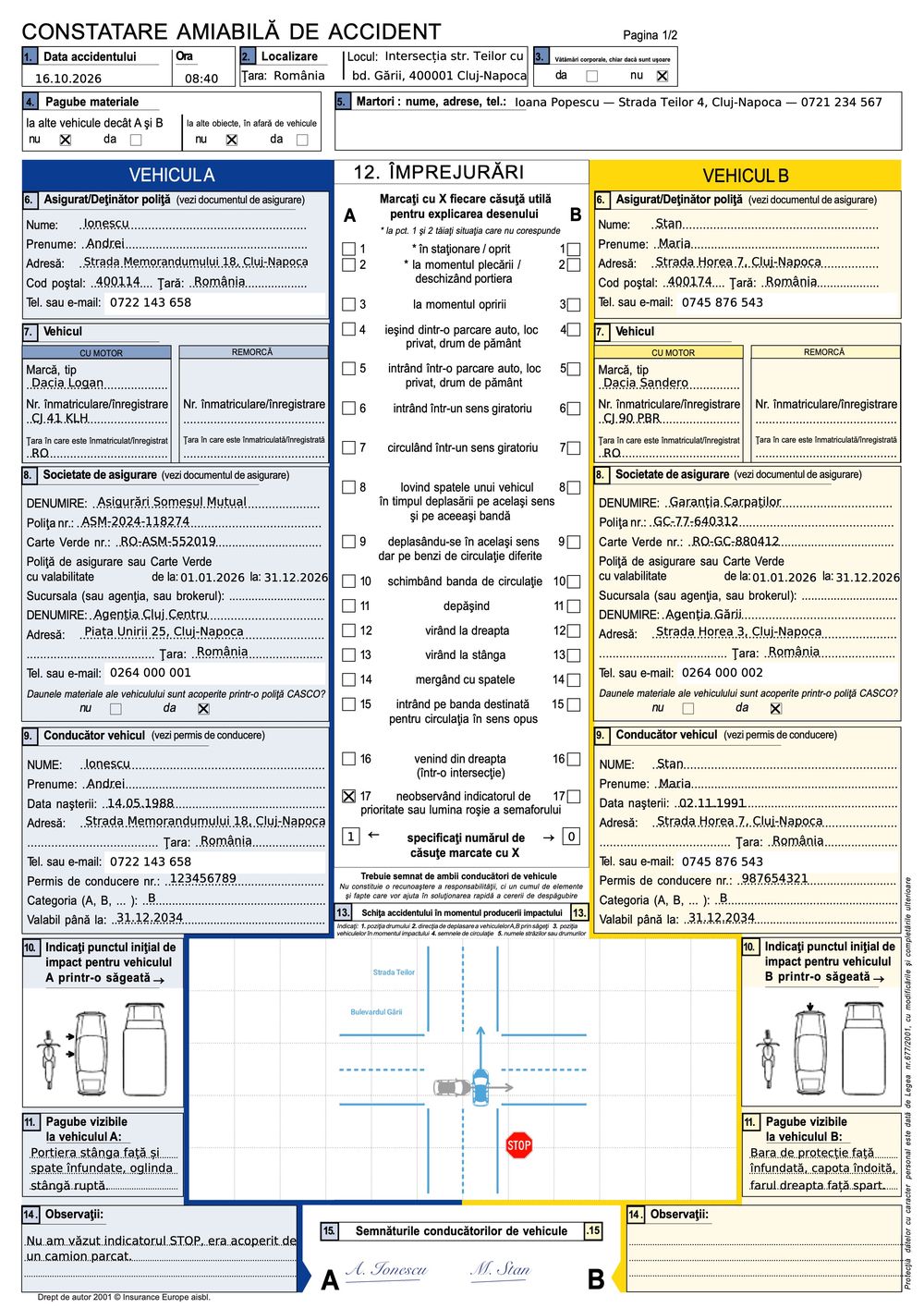 Constatare amiabilă completată de ZenConstat pentru un accident între doi șoferi într-o intersecție cu indicator STOP