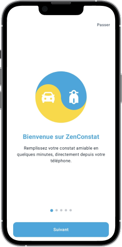 L’écran d’accueil de ZenConstat : remplissez votre constat en quelques minutes, directement depuis votre téléphone.